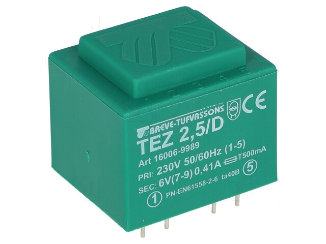 Transformator: ingegoten; 2,5VA; 230VAC; 6V; 416,6mA; PCB; IP00 Transformator: ingegoten; 2,5VA; 230VAC; 6V; 416,6mA; PCB; IP00